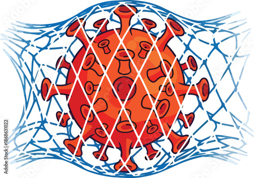 Orange virus particle caught in a blue mesh or net structure