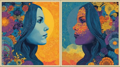 Dual Portrait Of Woman Profile In Vibrant Artistic Panels With Floral Decorations