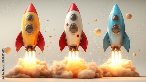 Three cartoon rockets—orange, white, and teal—blast off side by side, their red fins and glowing exhaust trails cutting through a space‑filled sky dotted with planets.
