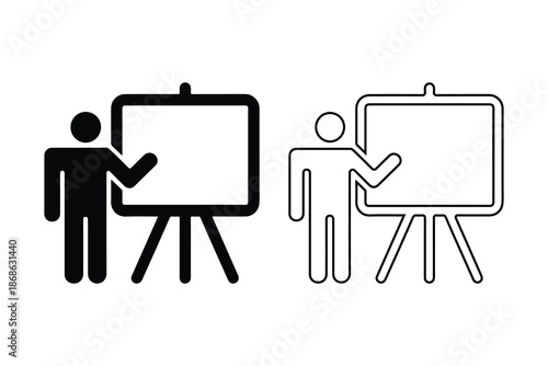 Presentation and Teaching Icon Set Speaker at Whiteboard Silhouette and Outline Vector Illustration