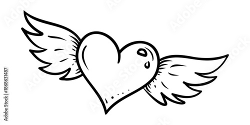 Winged heart outline illustration. Hand drawn love and freedom symbol. Vector isolated illustration on white background
