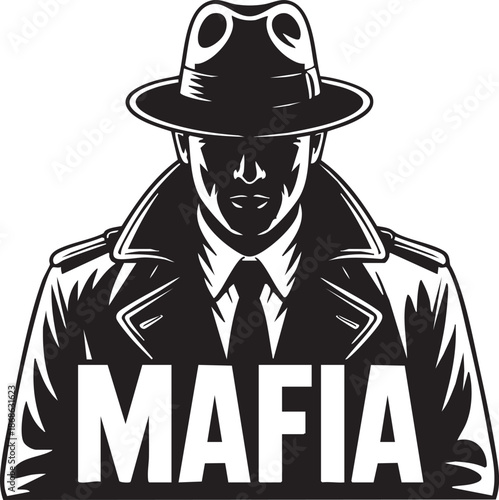 Mafia  logo illustration showcases a man wearing a fedora hat and trench coat symbolizing a sophisticated crime organization or secret society.