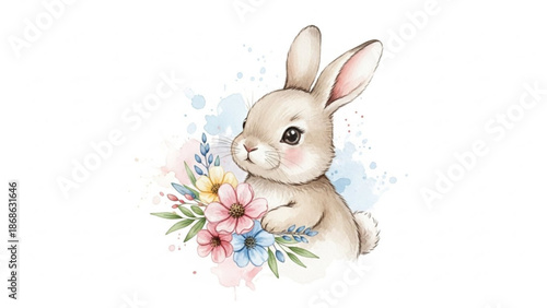 Adorable bunny with colorful flowers in springtime setting