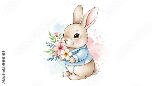 Adorable bunny in blue shirt holding colorful spring flowers sweetly