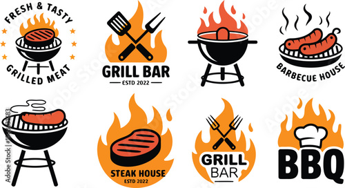 Set of eight dynamic BBQ and grill restaurant logos with savory food and chef hat symbols