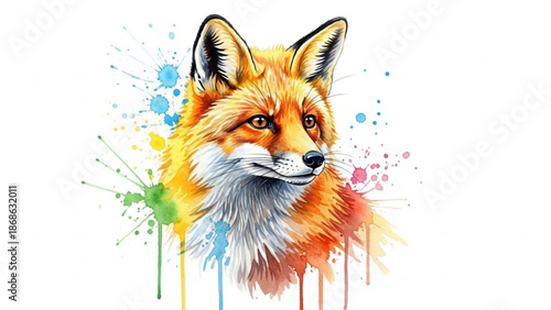 Vibrant orange fox with colorful paint splatters on white background