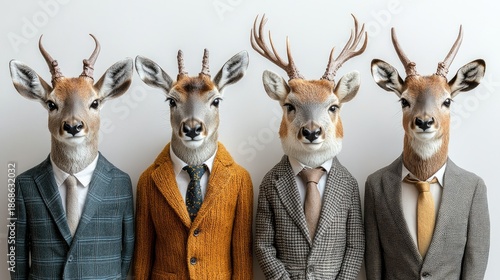 Four anthropomorphic deer wearing tailored suits and ties stand side by side, their heads replaced with realistic deer faces complete with antlers, giving them a whimsical business‑man appearance.