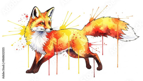 Vibrant orange fox with white fur and yellow eyes in artistic paint splatter