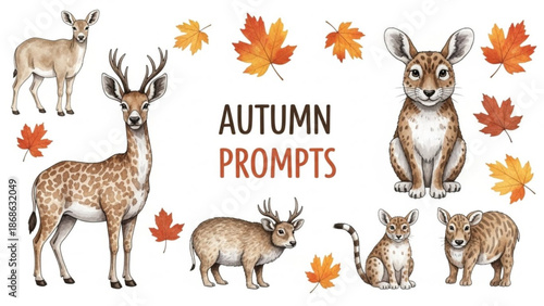 Autumn animals and leaves in watercolor style for seasonal prompts