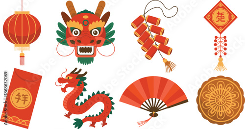 Set of traditional Chinese cultural elements like a dragon, lanterns, and firecrackers for festive celebrations