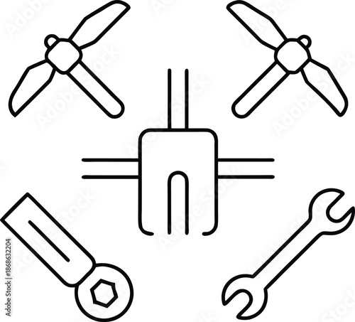 High tech drone repair kit line art vector on transparent background
