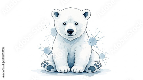 Adorable polar bear cub sitting with paint splatters background