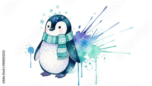Adorable penguin in scarf surrounded by snowflakes and colorful splatters