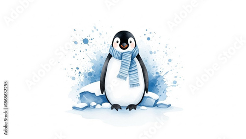 Cute penguin wearing blue scarf on ice with watercolor background