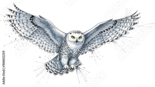 Majestic snowy owl in flight with wings spread wide and vibrant yellow eyes