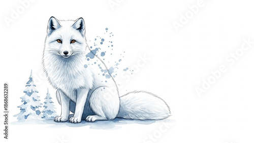 Majestic white fox sitting in snowy landscape with trees