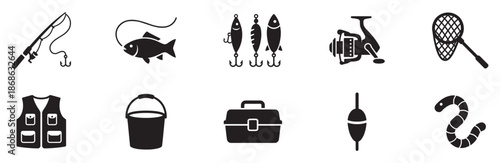 Fishing icon set. Fishing gear icons. Solid style icons of fishing gear and methods: fishing pole with hook, net icon, bait bucket, tackle box, fish. Vector Illustration.