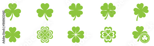 Clover Icon Set. Shamrock Icon Green. Shamrocks Icon. Leaf Clover. Irish Symbol. St Patrick's Day Logo. Luck Sign. Vector Illustration. Vector Graphic. EPS 10