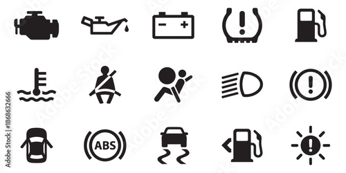 Cars dashboard icon set. Car dashboard warning icons. Car dashboard warning light symbols collection. Vector Illustration.