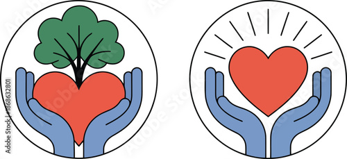 Two circular icons show hands gently cradling a heart with nature and a radiant heart symbol