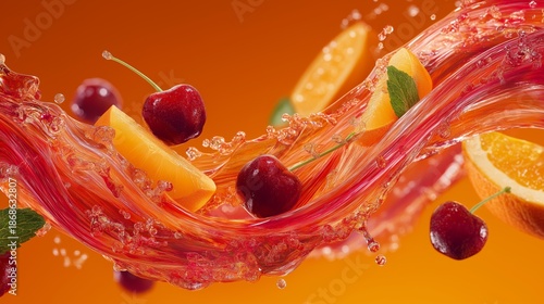 Vibrant splash of fruit juice with cherries, oranges, and mint leaves creating a dynamic wave against a bright orange background, showcasing freshness and vitality