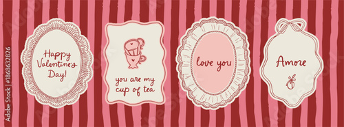 Coquette Valentine's day lace frames set. Vector whimsical laced vintage romantic borders. Love line art whimsy trendy baroque frame. Invitations, stationery, printables, social media templates