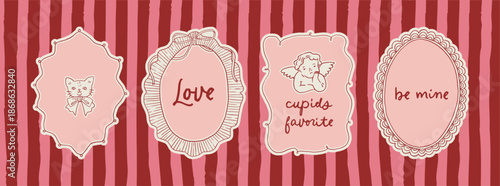 Coquette Valentine's day lace frames set. Vector whimsical laced vintage romantic borders. Love line art whimsy trendy baroque frame. Invitations, stationery, printables, social media templates