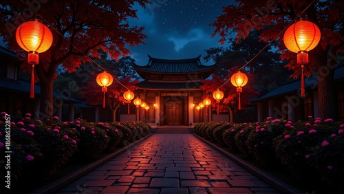 Traditional chinese pagoda temple, glowing oriental chinese lanterns, stone garden path, night - Chinese New Year decoration, Lunar celebration, spring festival, Beijing travel, luck, prosperity