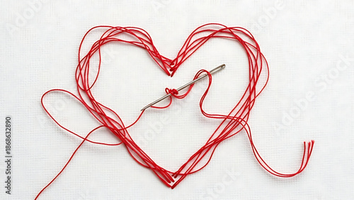 A tangled red thread heart shape on a white background symbolizing love and connection