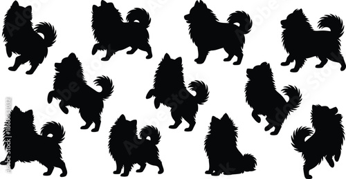 Ten charming black fluffy dog silhouettes strike various poses on a bright white surface