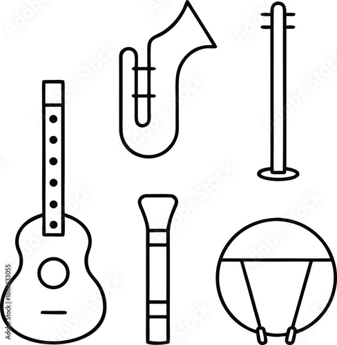Popular musical instruments kit line art vector on transparent background