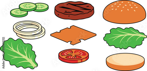 Deconstructed burger ingredients set with grilled beef patty, sesame bun, fresh lettuce, tomato slice, cheese, onion rings, and cucumber, isolated vector food 