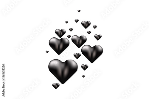 Glossy 3D black hearts floating on transparent background for luxury Valentine or mourning concept