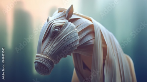 Elegant horse sculpture crafted from flowing ribbons, showcasing intricate details and textures, set against a soft blurred background, embodying artistic expression and creativity