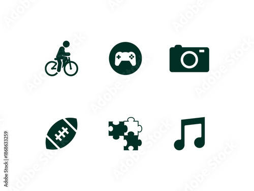 Hobby vector icon set including gaming cycling and puzzle symbols for lifestyle entertainment fun recreation and creative activity illustration pack