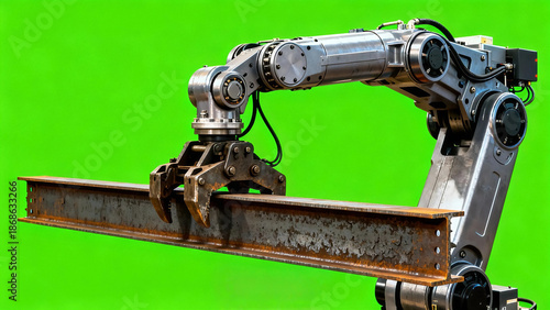 Industrial Robotic Arm Holding Steel I-Beam on Green Screen