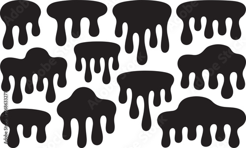 Black dripping ink. Isolated spots of paint, floating oil blots vector set. Blob paint, ink splatter black, stain and drip illustration