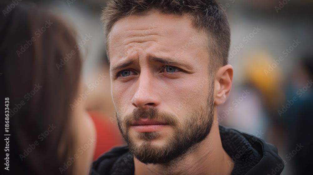 Fototapeta premium A man with a serious concerned expression gazes intently caught in a moment of deep thought outdoors