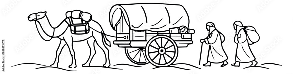 Fototapeta premium Hand drawn line art illustration of a camel caravan depicting travelers on a historical journey for an adventure or expedition