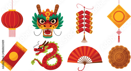 Various traditional Asian celebration items including a dragon, lanterns, and firecrackers on a white background