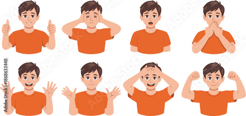 Young men in orange shirts displaying various expressions and hand gestures conveying different feelings and actions