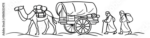 Hand drawn line art illustration of a camel caravan depicting travelers on a historical journey for an adventure or expedition