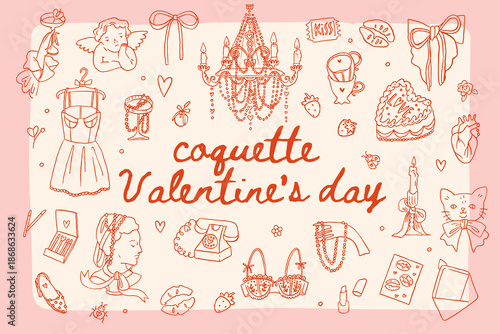 Whimsical Valentines day fun doodle elements collection. Red and pink coquette core cute romantic vintage illustration. Valentine core. Cute girly elements set. Whimsy retro valentine icons