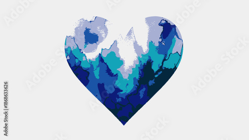 Heart shape formed by blue abstract fragments on white background.