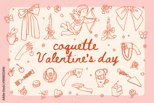 Whimsical Valentines day fun doodle elements collection. Red and pink coquette core cute romantic vintage illustration. Valentine core. Cute girly elements set. Whimsy retro valentine icons