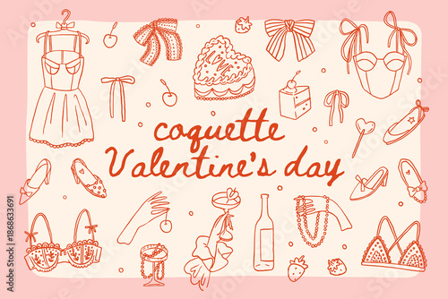 Whimsical Valentines day fun doodle elements collection. Red and pink coquette core cute romantic vintage illustration. Valentine core. Cute girly elements set. Whimsy retro valentine icons