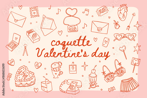 Whimsical Valentines day fun doodle elements collection. Red and pink coquette core cute romantic vintage illustration. Valentine core. Cute girly elements set. Whimsy retro valentine icons
