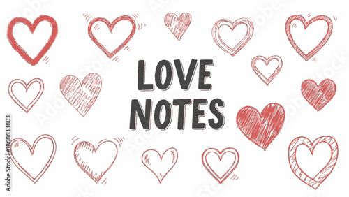Hand drawn red hearts and love notes on white background.