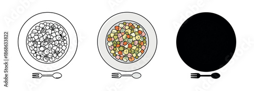 Top view of a traditional potato salad (Olivier) bowl shown in outline, color, and black silhouette versions with a fork and spoon.