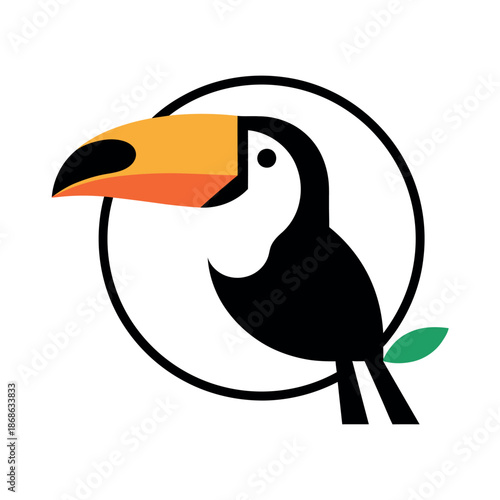 Modern minimalist toucan logo design within a circular frame, featuring clean lines and vibrant orange and green accents.